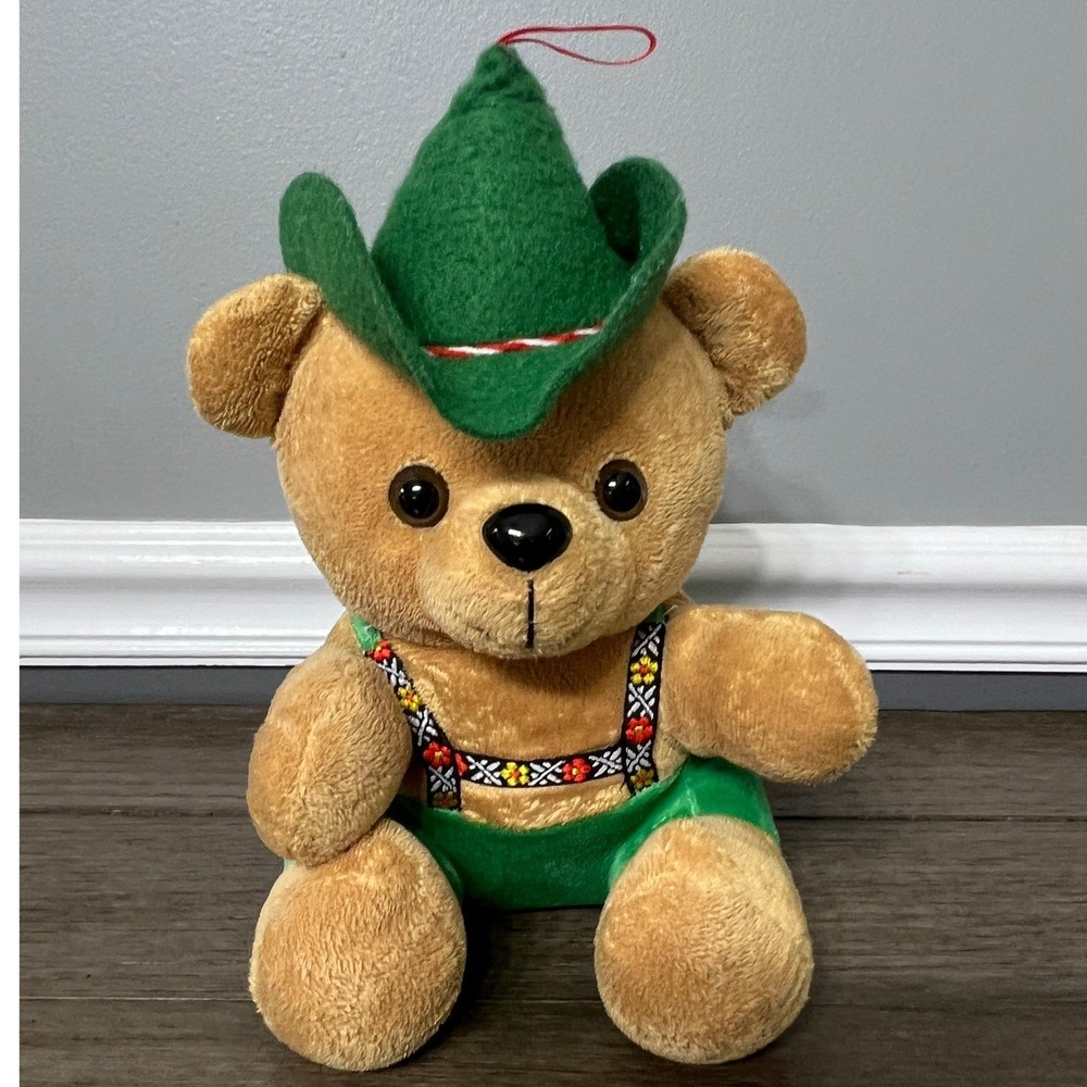 Vintage Plush Bear in‎ Green Lederhosen Hat Outfit - Kids Toy Collectible